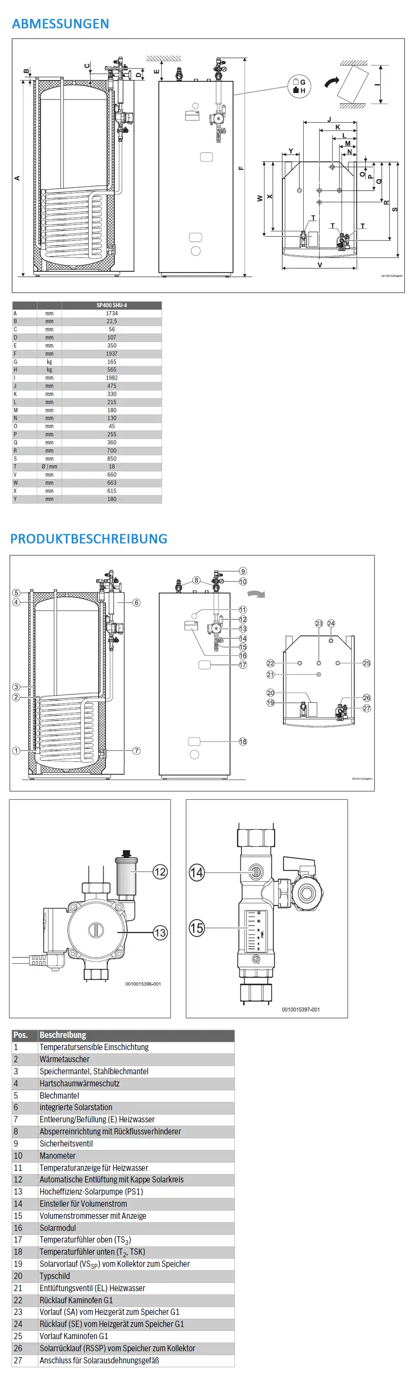 Bosch Pufferspeicher mit technischen Zeichnungen und Komponentenübersicht. Enthält Diagramme zur Installation und technischen Beschreibung von Heizsystemteilen.